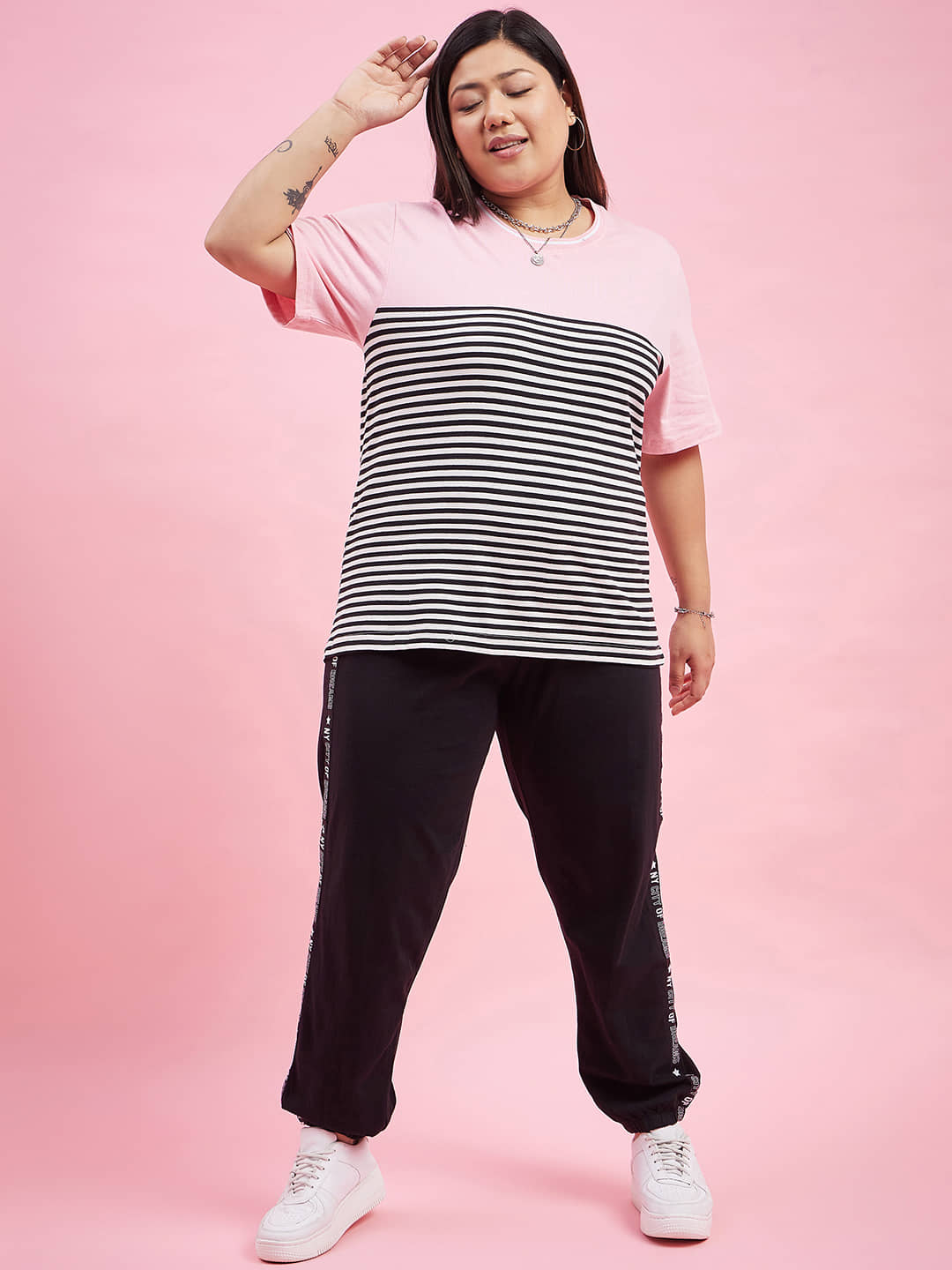 AUSTIVO Women Striped Top With Joggers Co-Ord Set ( Pink )