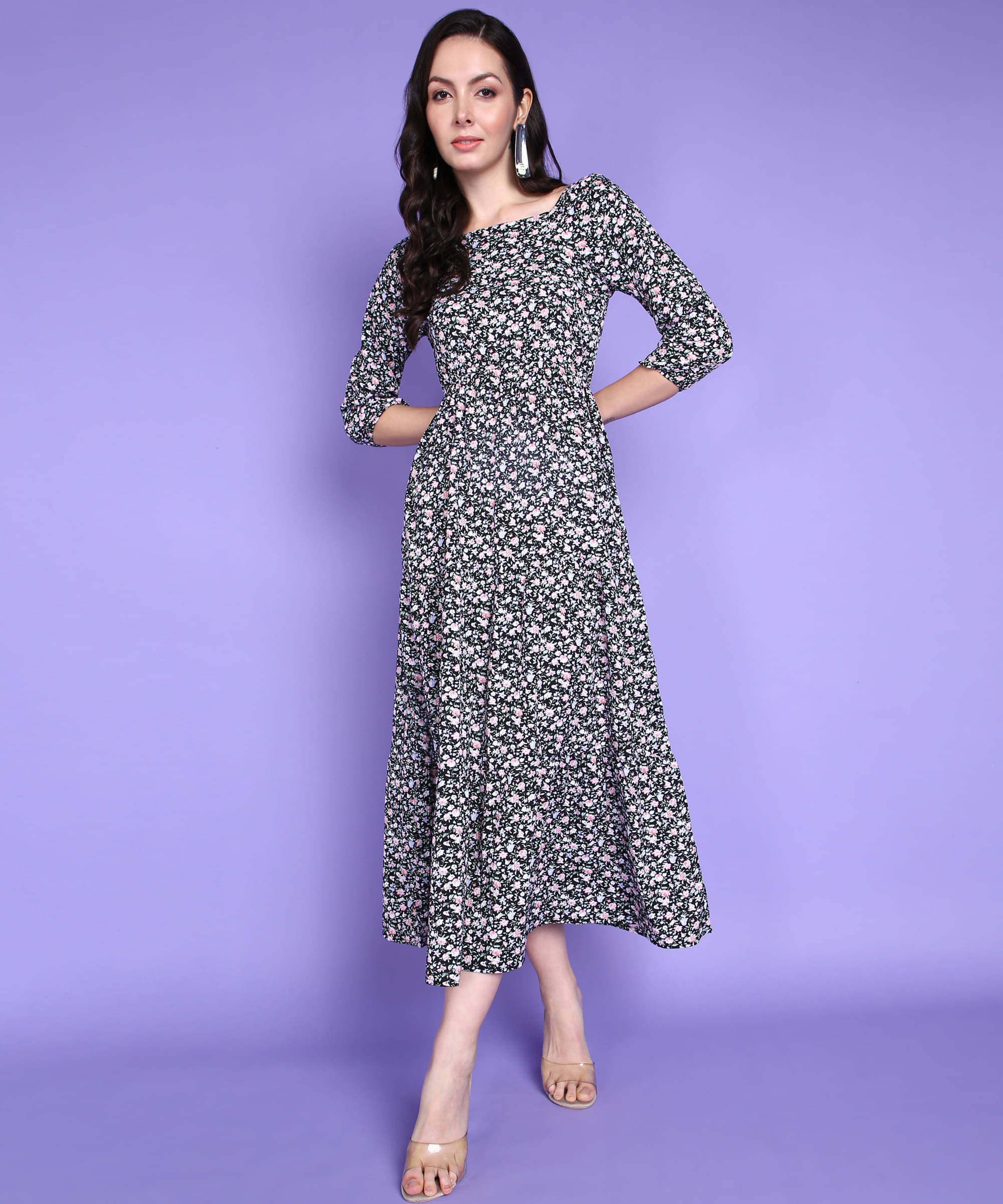     			POPWINGS Women Polyester Printed Fit & Flare Dress ( Multi Color )
