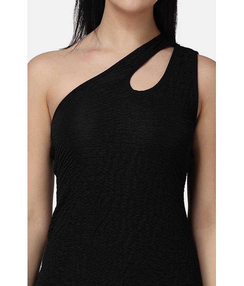 POPWINGS Women Polyester Solid Bodycon Dress ( Black )