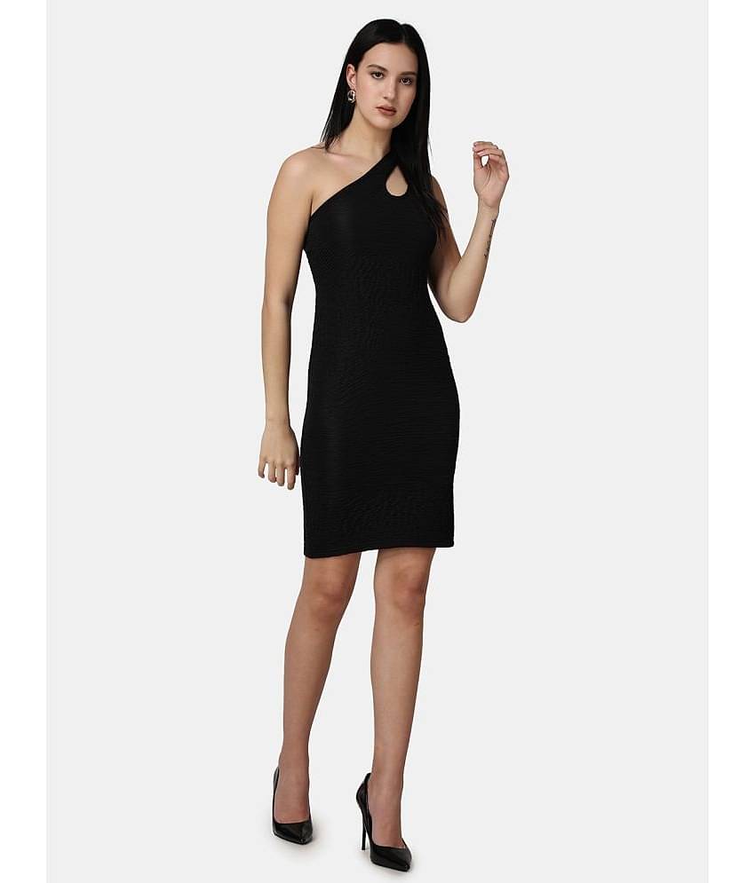 POPWINGS Women Polyester Solid Bodycon Dress ( Black )