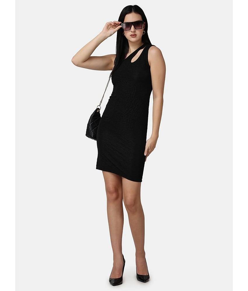 POPWINGS Women Polyester Solid Bodycon Dress ( Black )