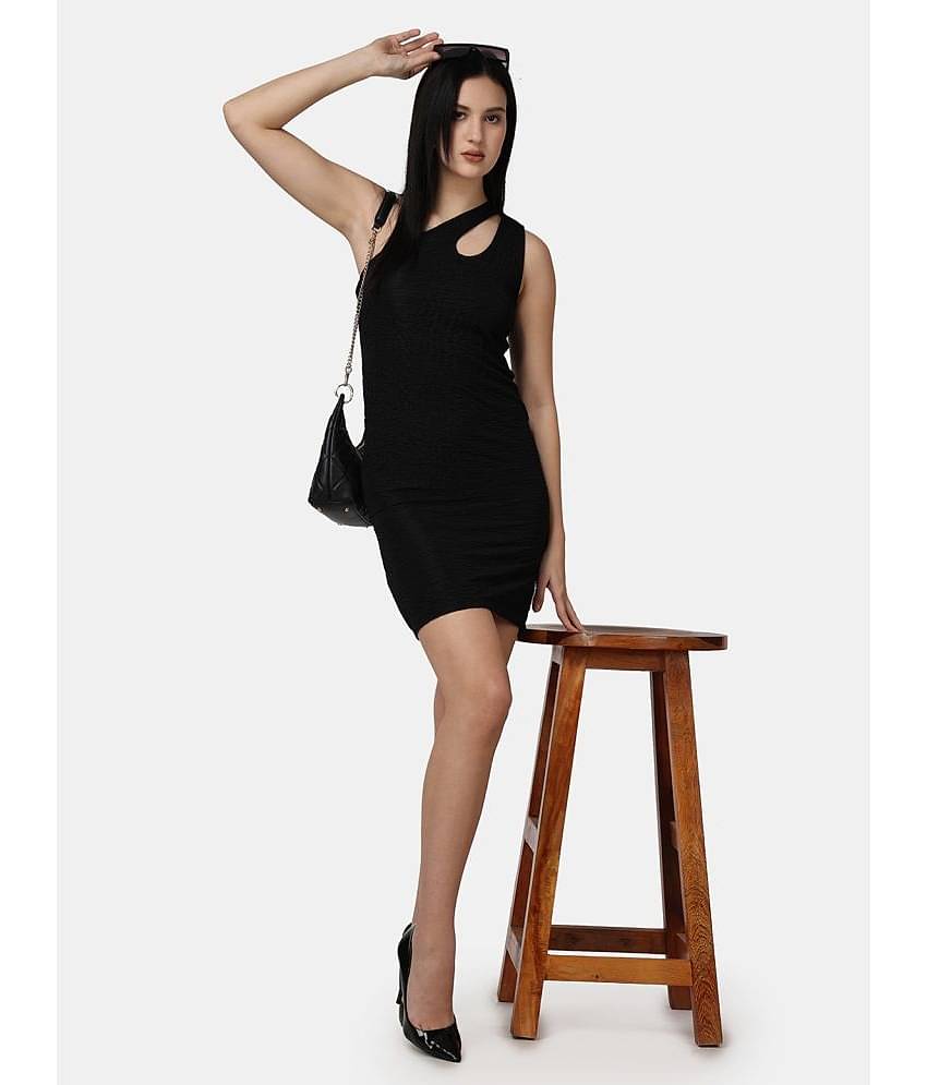 POPWINGS Women Polyester Solid Bodycon Dress ( Black )