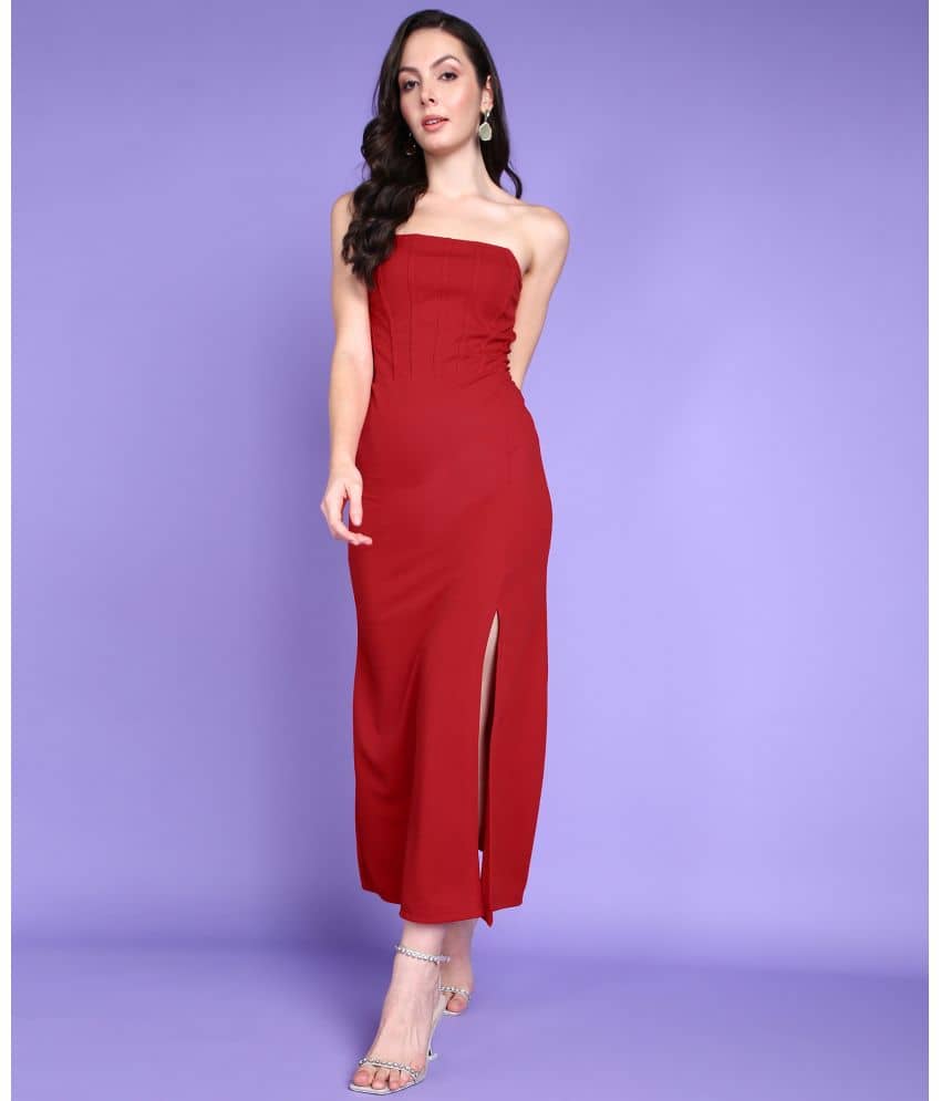 POPWINGS Women Polyester Solid Bodycon Dress ( Red )