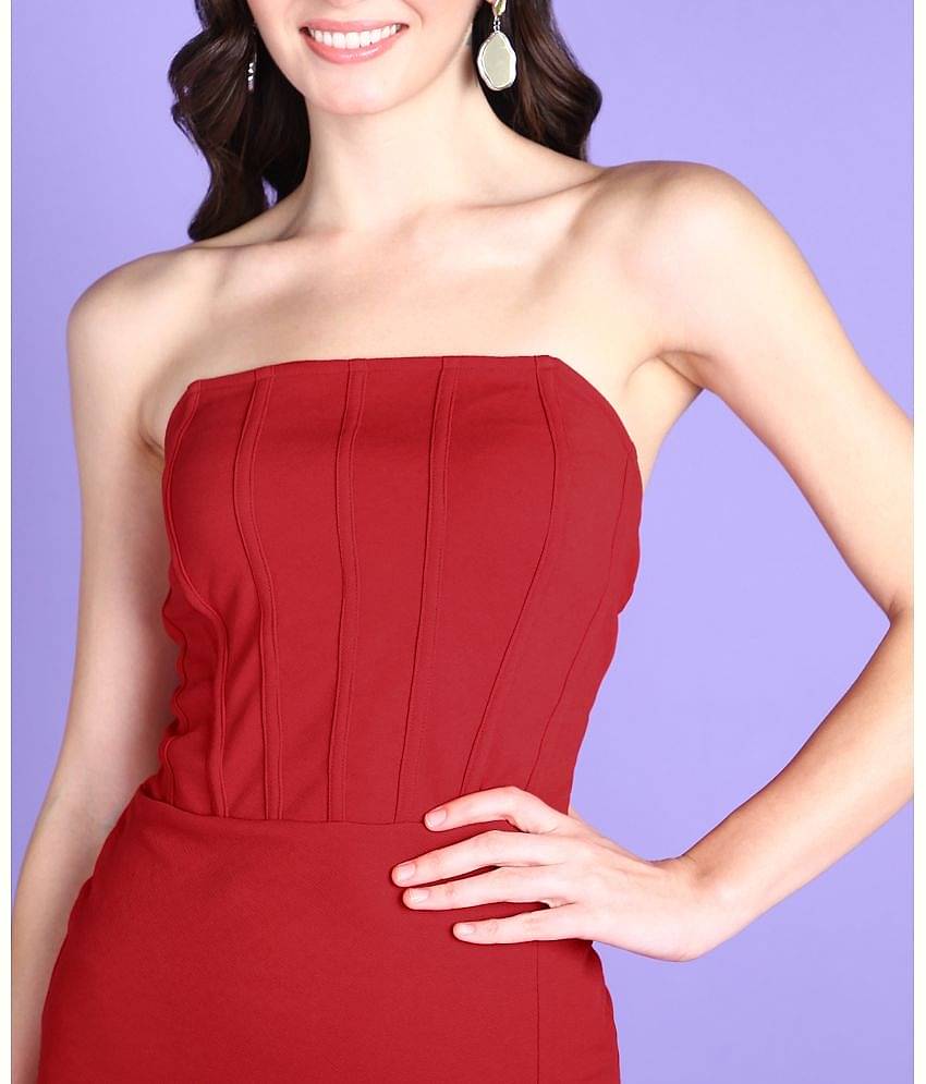 POPWINGS Women Polyester Solid Bodycon Dress ( Red )