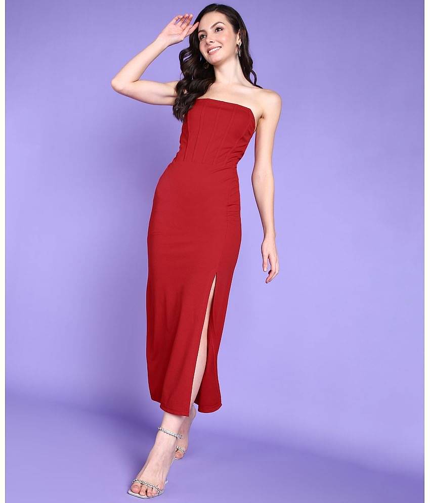 POPWINGS Women Polyester Solid Bodycon Dress ( Red )