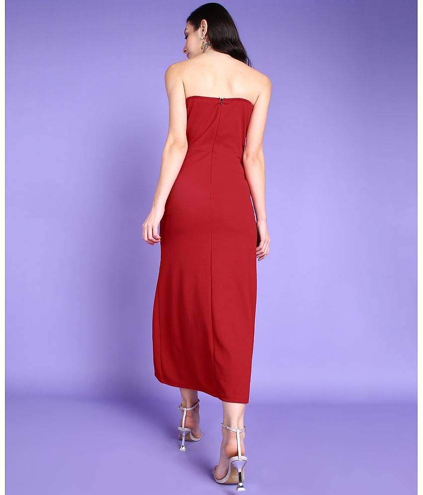 POPWINGS Women Polyester Solid Bodycon Dress ( Red )