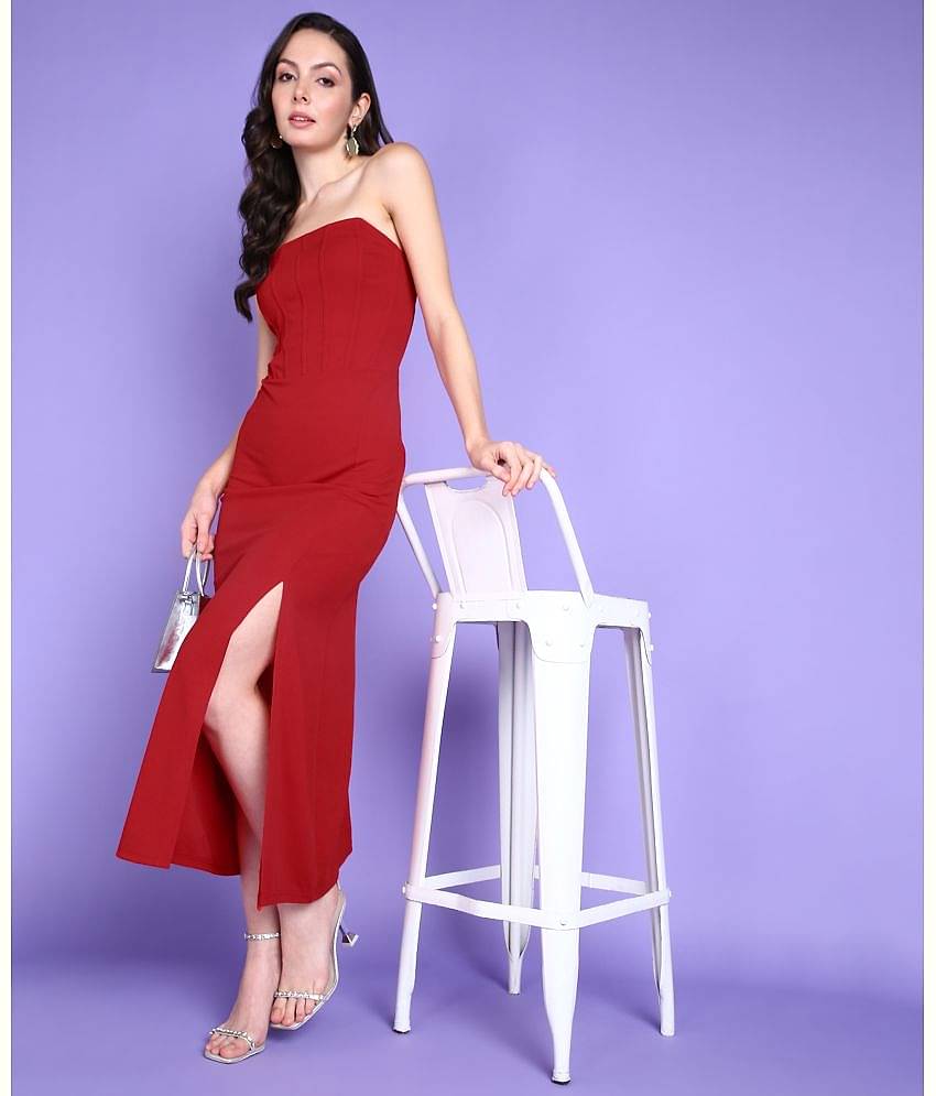 POPWINGS Women Polyester Solid Bodycon Dress ( Red )