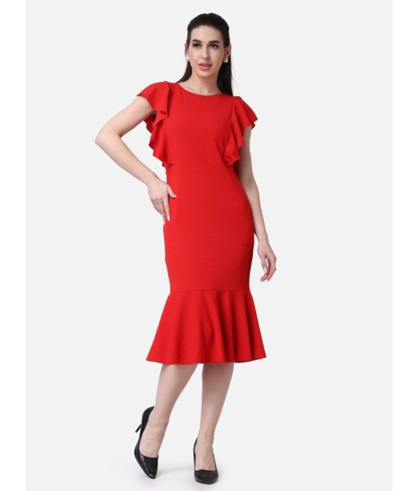POPWINGS Women Polyester Solid Bodycon Dress ( Red ) POPWINGS Women Polyester Solid Bodycon Dress ( Red )