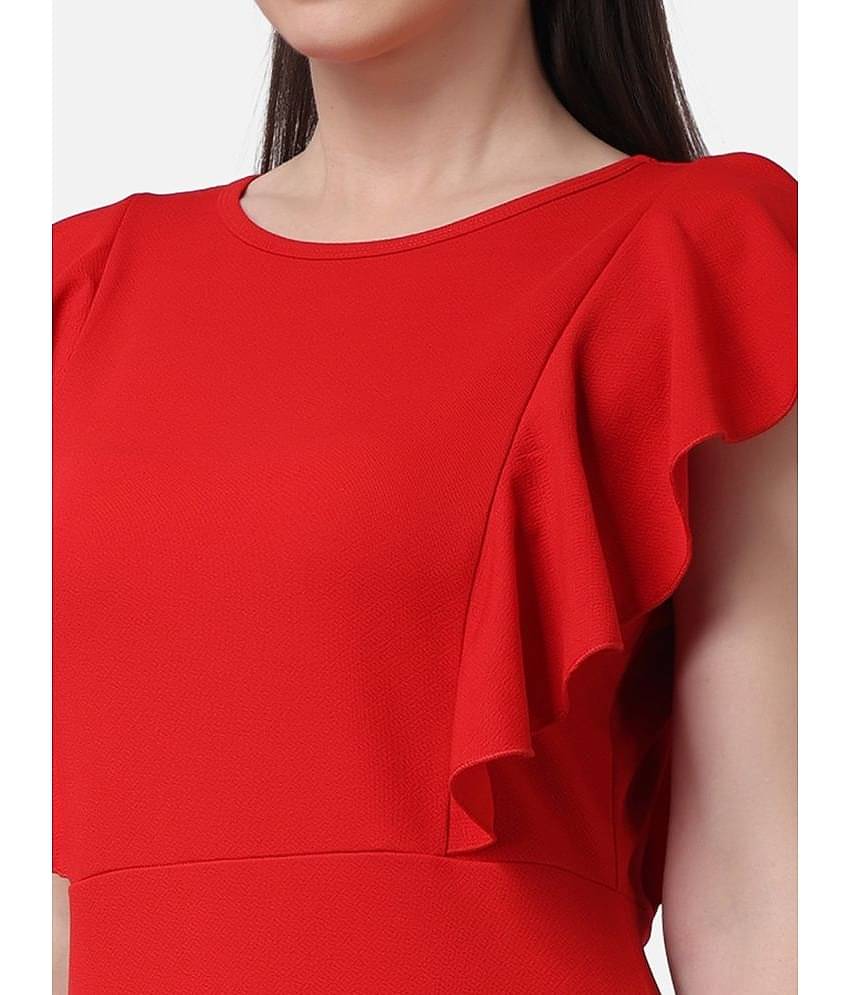 POPWINGS Women Polyester Solid Bodycon Dress ( Red )