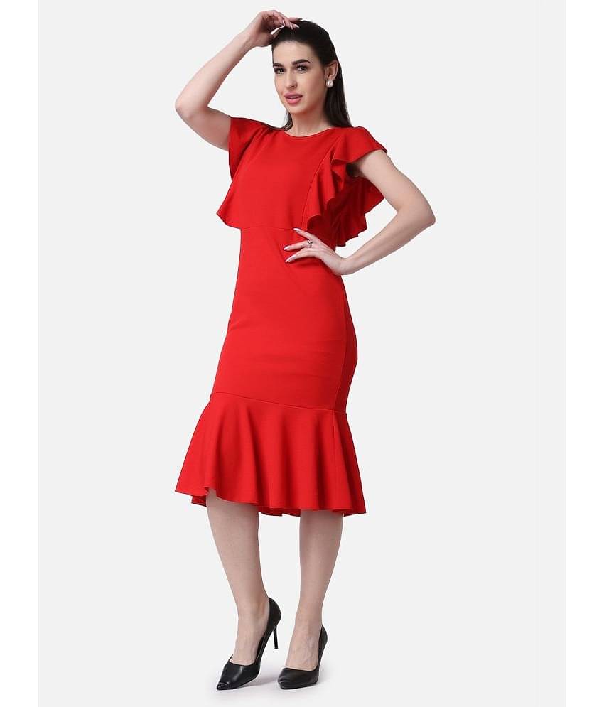 POPWINGS Women Polyester Solid Bodycon Dress ( Red )