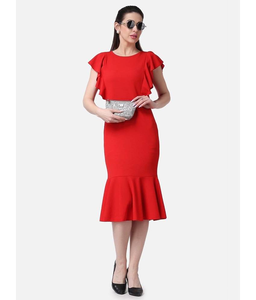 POPWINGS Women Polyester Solid Bodycon Dress ( Red )