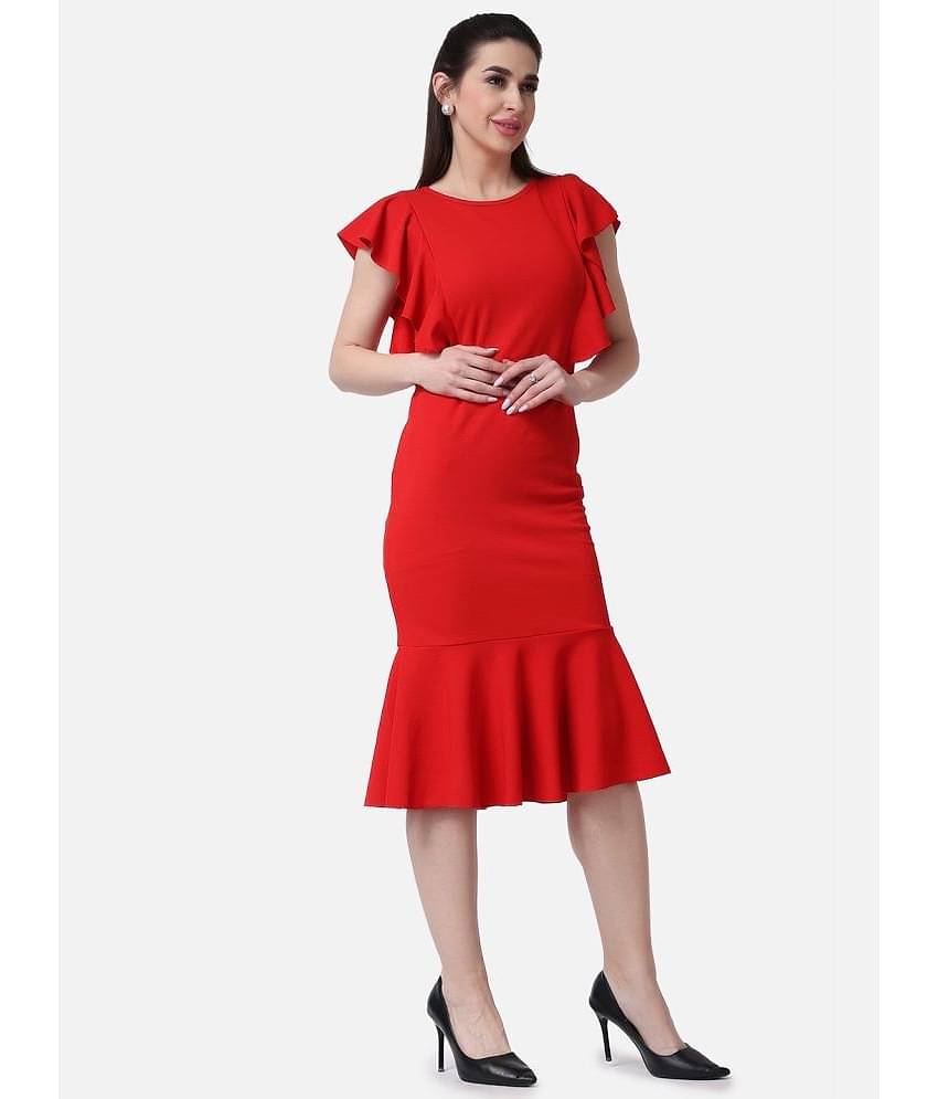 POPWINGS Women Polyester Solid Bodycon Dress ( Red )