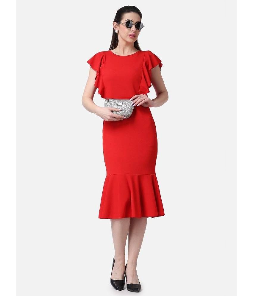 POPWINGS Women Polyester Solid Bodycon Dress ( Red )