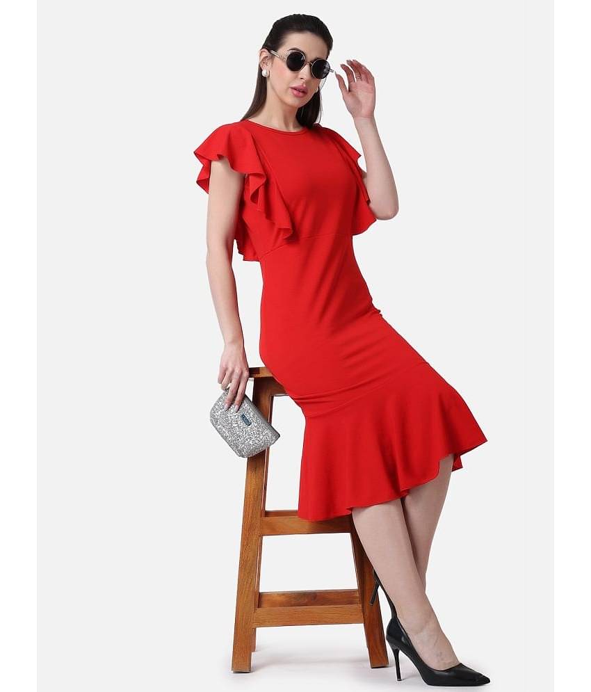 POPWINGS Women Polyester Solid Bodycon Dress ( Red )