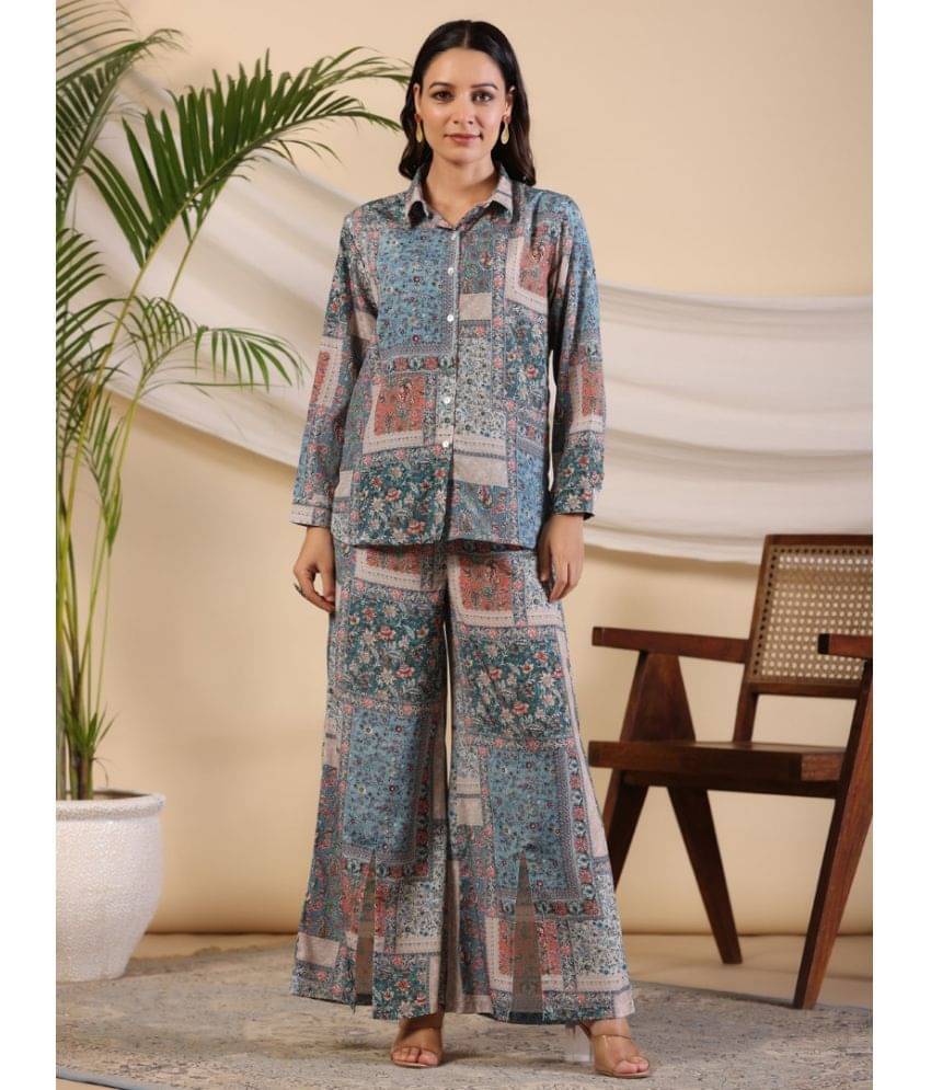    			Juniper Women Printed Shirt With Trousers Co-Ord Set ( Blue )
