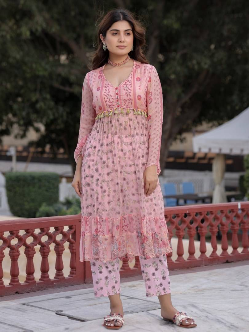 Juniper Chiffon Printed Kurti With Pants Women's Stitched Salwar Suit - Peach ( Pack of 1 )     			Juniper Chiffon Printed Kurti With Pants Women's Stitched Salwar Suit - Peach ( Pack of 1 )