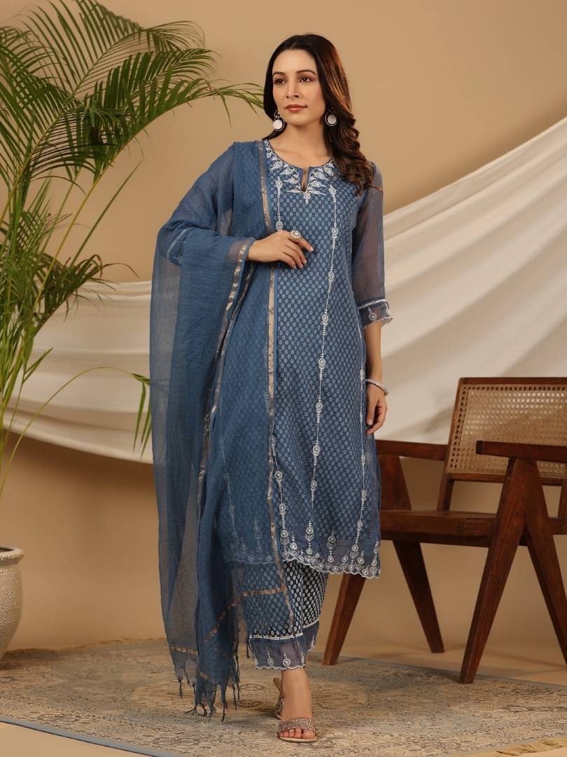 Juniper Cotton Embroidered Kurti With Pants Women's Stitched Salwar Suit - Blue ( Pack of 1 ) Juniper Cotton Embroidered Kurti With Pants Women's Stitched Salwar Suit - Blue ( Pack of 1 )