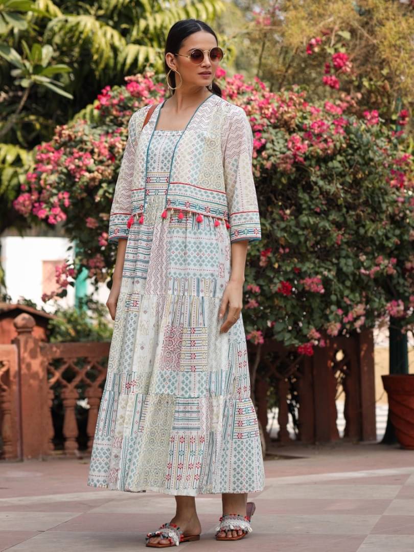     			Juniper Cotton Printed Ankle Length Women's Fit & Flare Dress - Beige ( Pack of 1 )