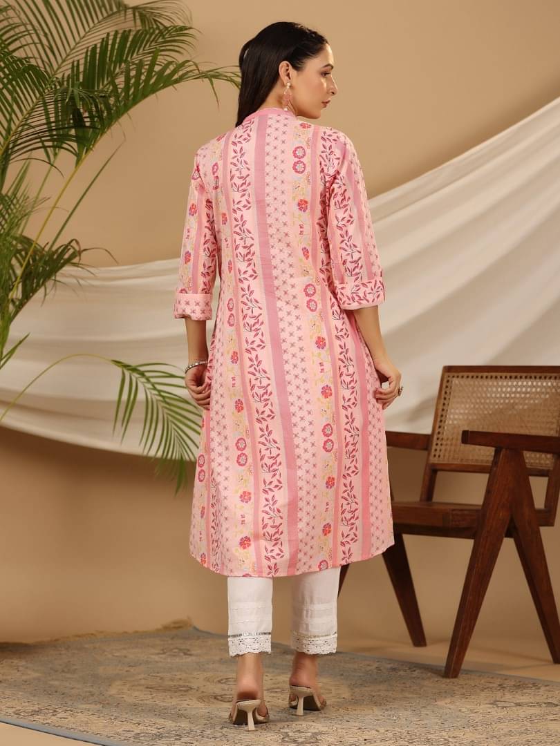 Juniper Cotton Printed Flared Women's Kurti - Pink ( Pack of 1 ) Juniper Cotton Printed Flared Women's Kurti - Pink ( Pack of 1 )