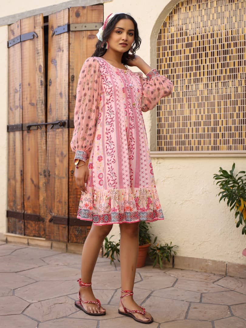 Juniper Women Cotton Printed Fit & Flare Dress ( Pink )
