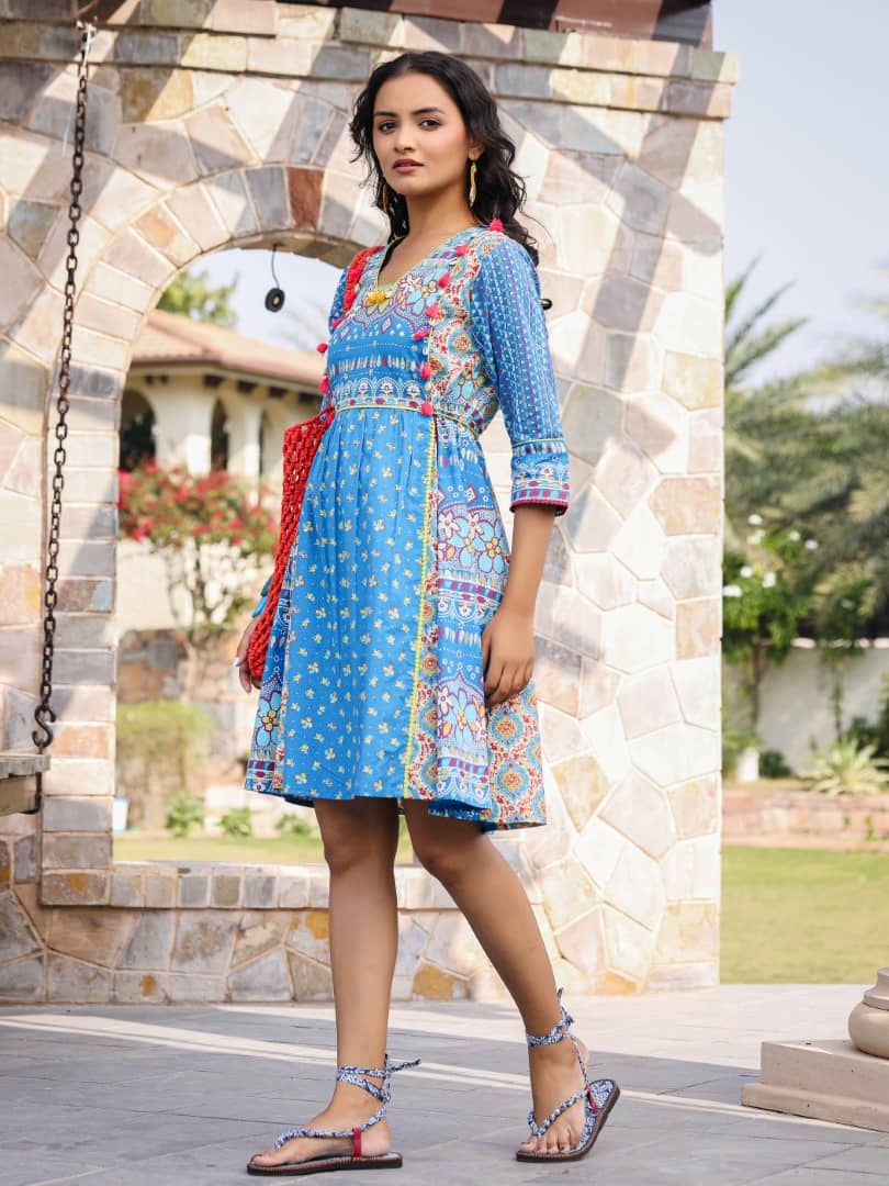 Juniper Women Cotton Printed Fit & Flare Dress ( Blue )