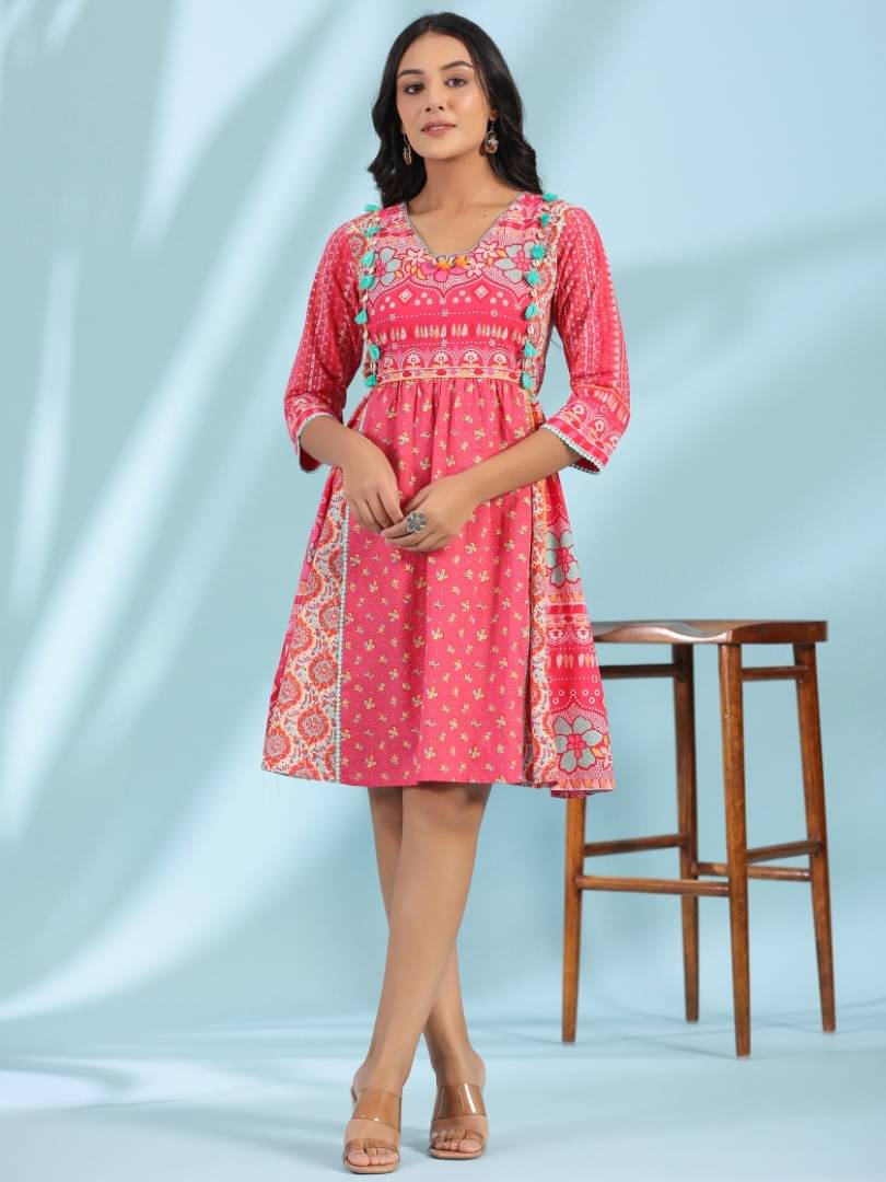     			Juniper Cotton Printed Knee Length Women's Fit & Flare Dress - Pink ( Pack of 1 )
