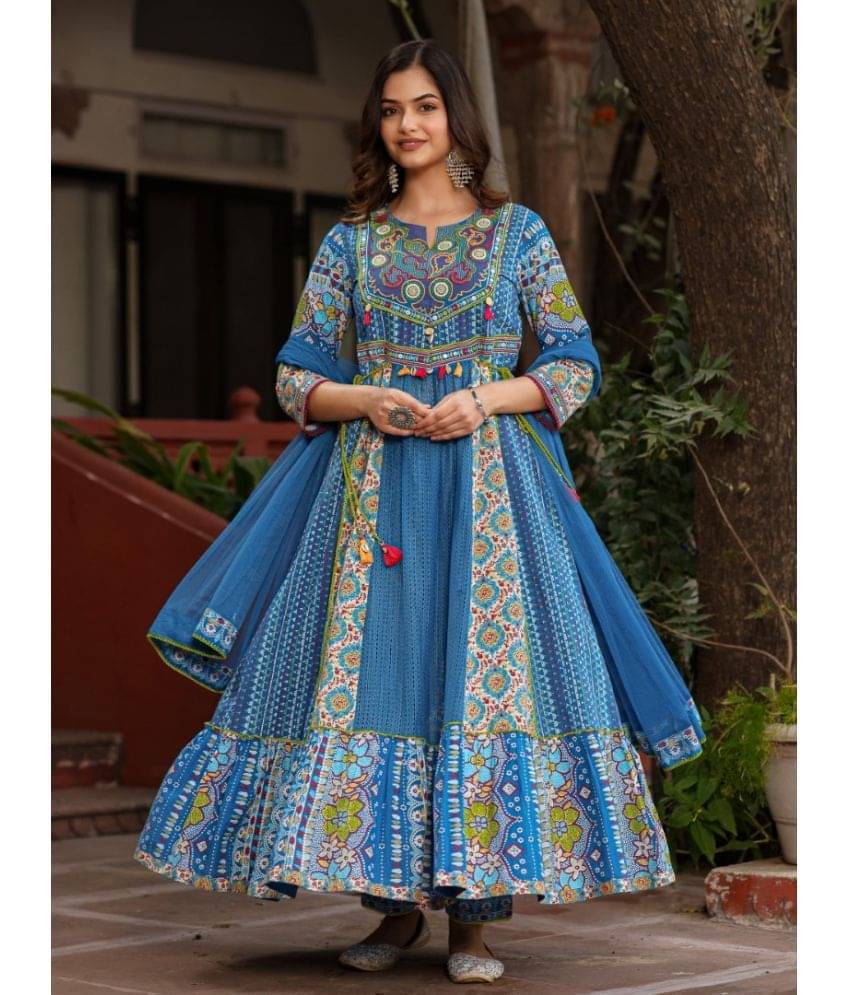 Juniper Cotton Printed Kurti With Pants Women's Stitched Salwar Suit - Blue ( Pack of 1 ) Juniper Cotton Printed Kurti With Pants Women's Stitched Salwar Suit - Blue ( Pack of 1 )