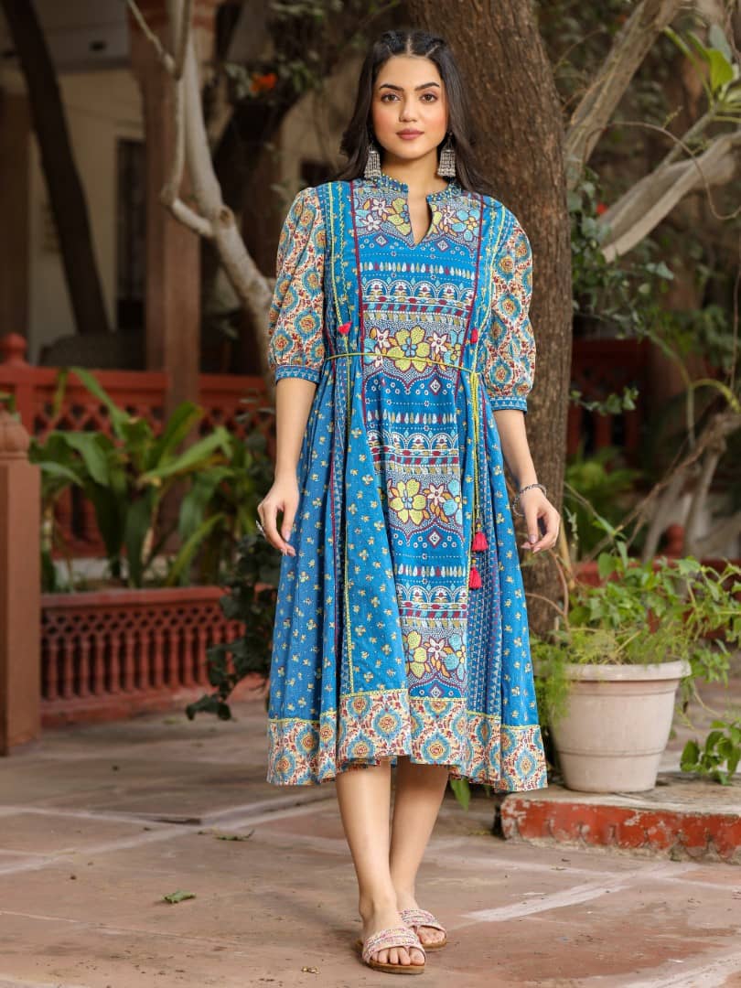 Juniper Women Cotton Printed Fit & Flare Dress ( Blue )