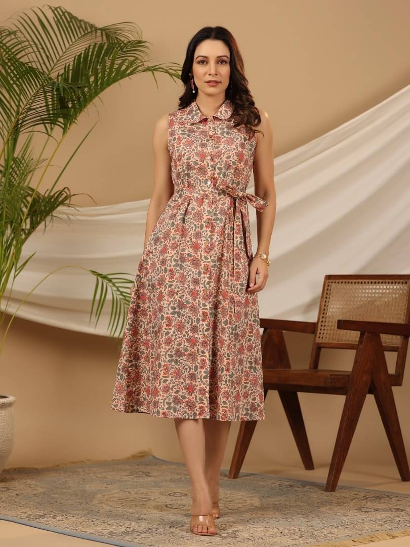     			Juniper Women Cotton Printed A-line Dress ( Peach )