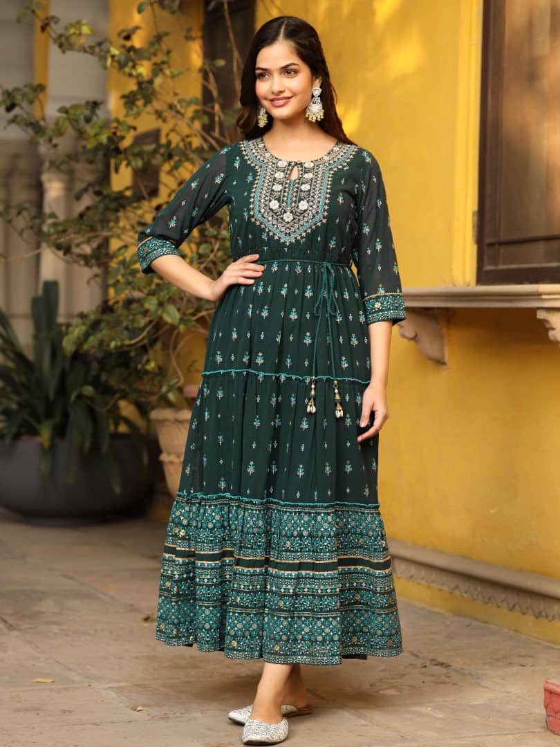 Juniper Georgette Printed Ankle Length Women's Fit & Flare Dress - Green ( Pack of 1 )