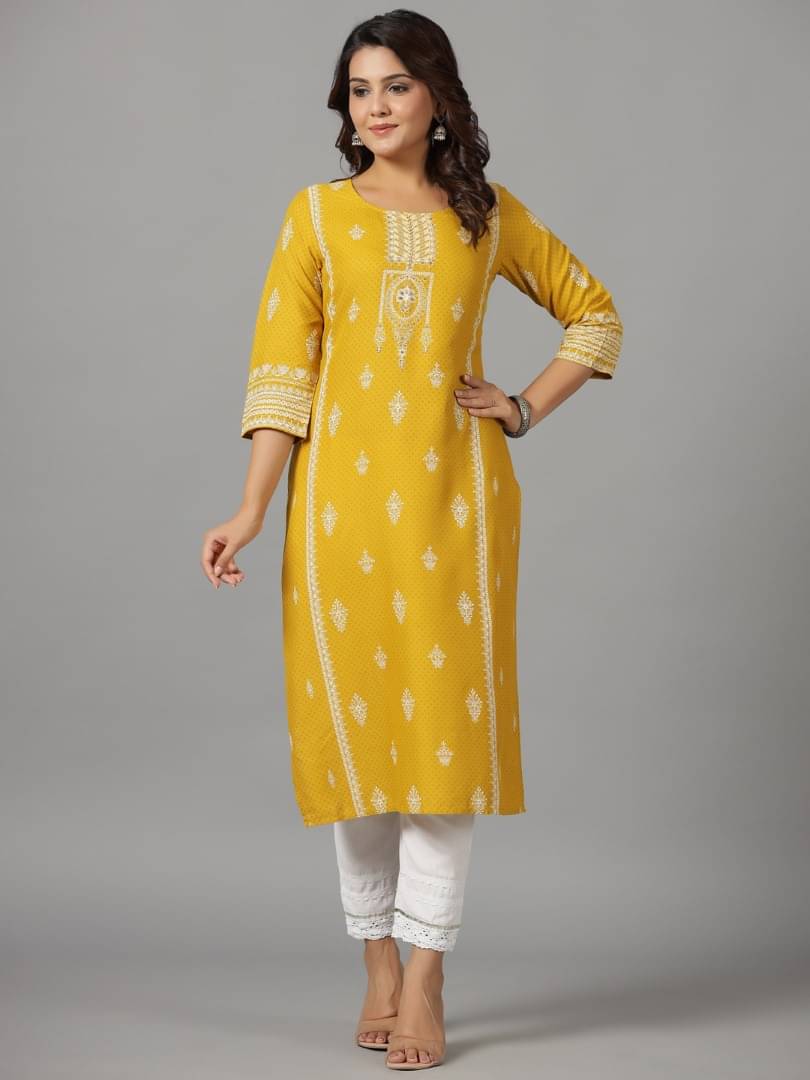 Juniper Rayon Printed Straight Women's Kurti - Mustard ( Pack of 1 ) Juniper Rayon Printed Straight Women's Kurti - Mustard ( Pack of 1 )