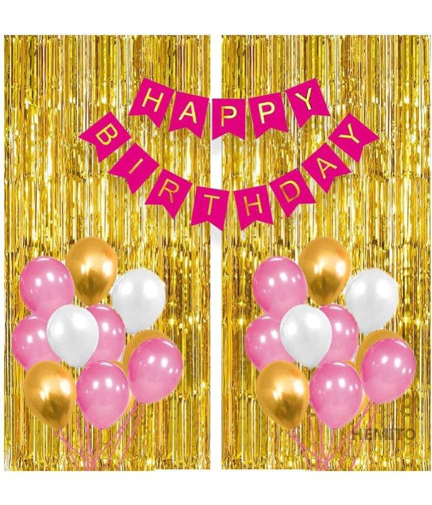    			Happy Birthday Banner + 2 Gold Foil Fringe Curtain + 30 Metallic Balloon ( Pink, Gold, White )