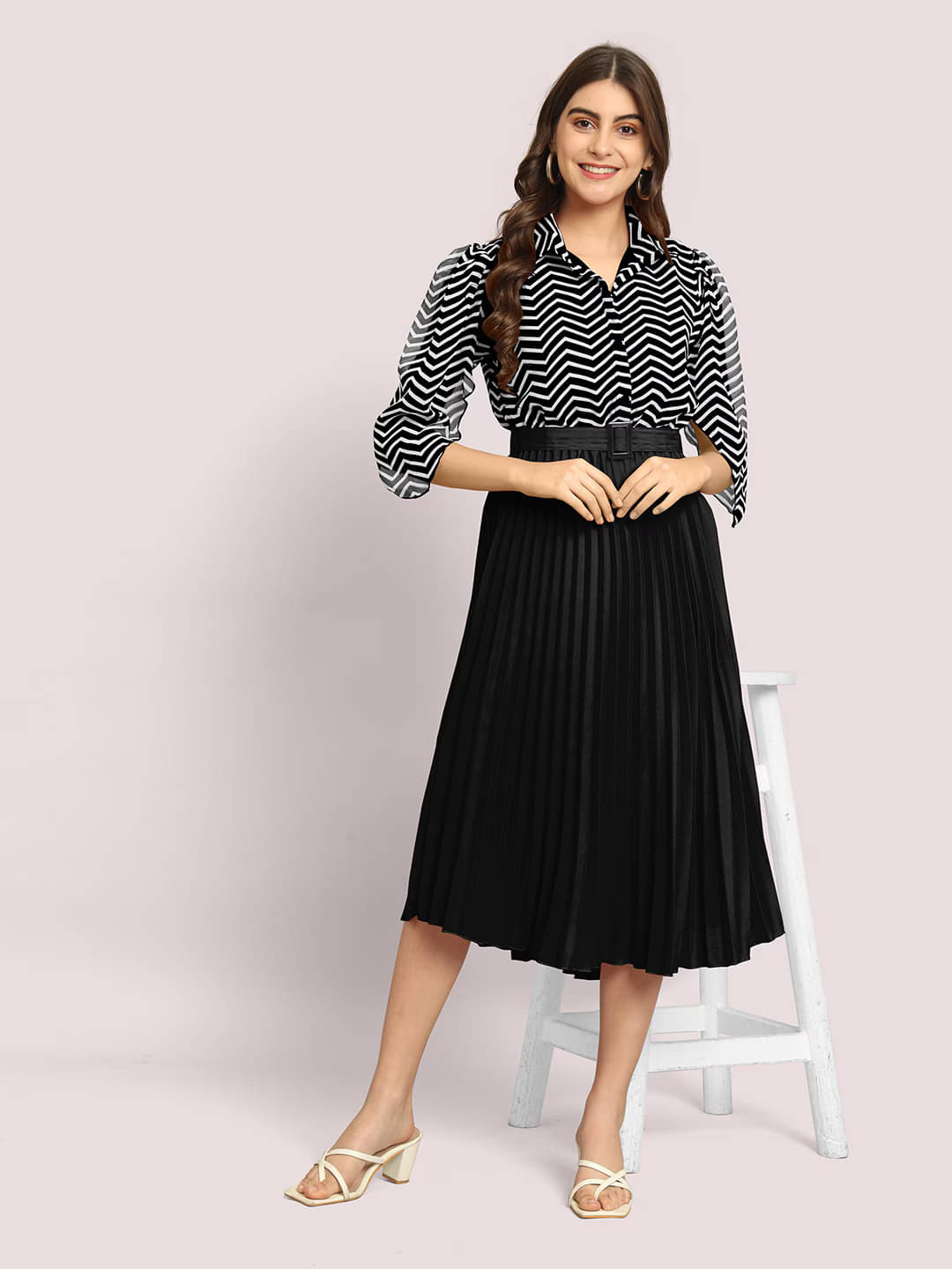     			JASH CREATION Polyester Striped Midi Women's Fit & Flare Dress - Black ( Pack of 1 )