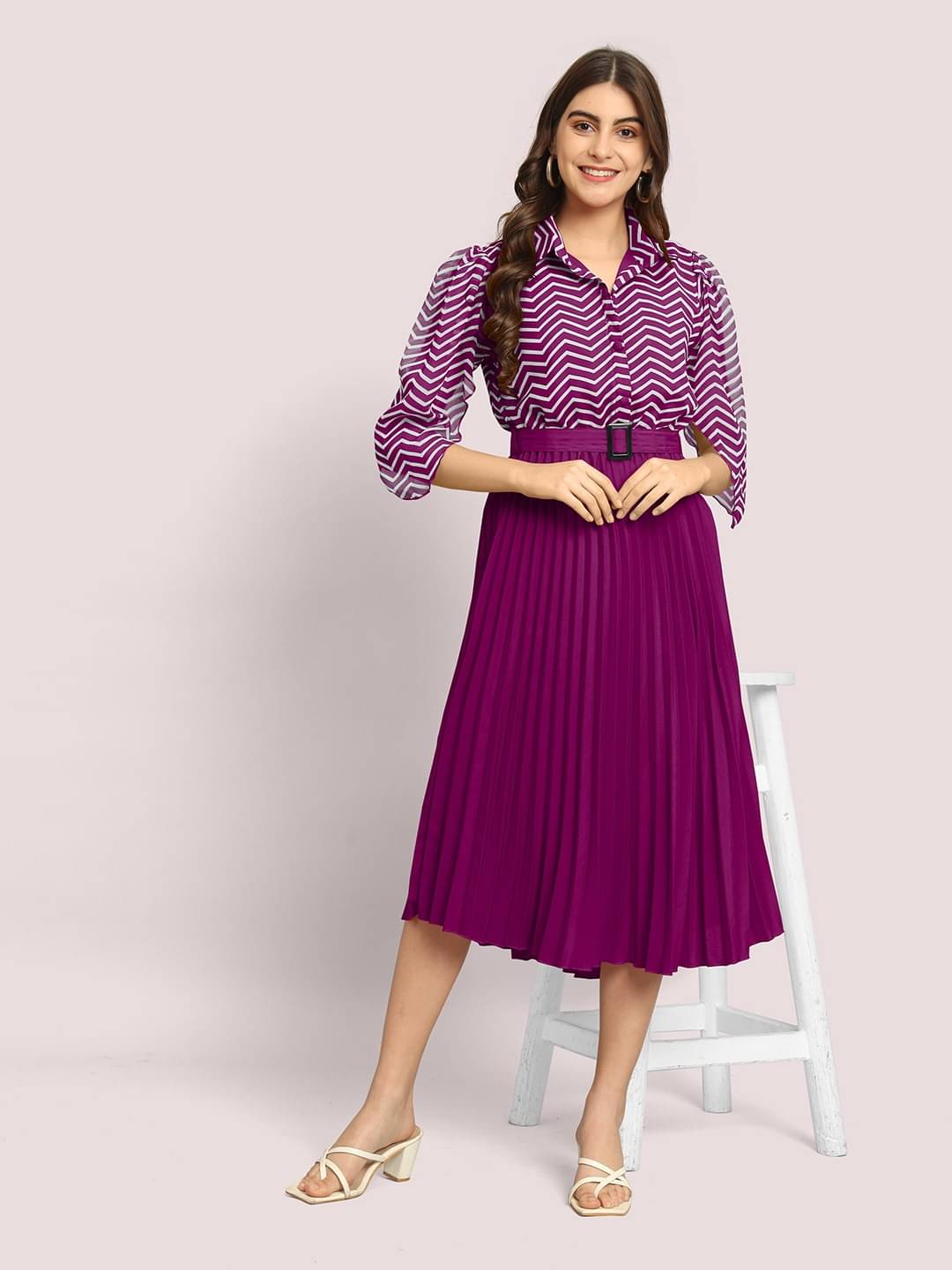     			JASH CREATION Polyester Striped Midi Women's Fit & Flare Dress - Magenta ( Pack of 1 )