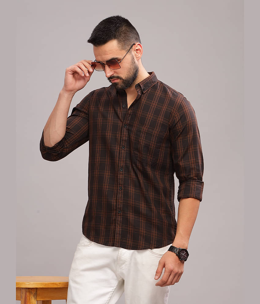Paul Street 100% Cotton Slim Fit Checks Full Sleeves Men's Casual Shirt - Brown ( Pack of 1 )