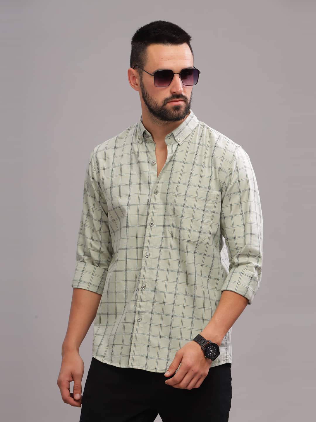 Paul Street 100% Cotton Slim Fit Checks Full Sleeves Men's Casual Shirt - Olive ( Pack of 1 )