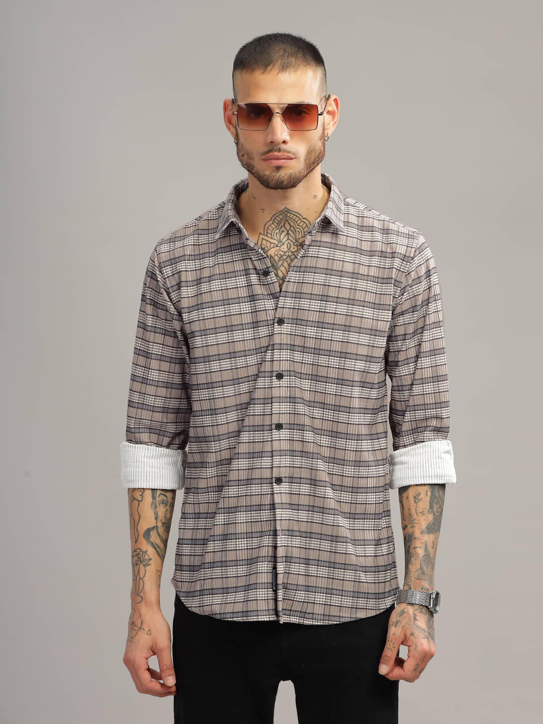     			Paul Street Polyester Slim Fit Checks Full Sleeves Men's Casual Shirt - Cream ( Pack of 1 )