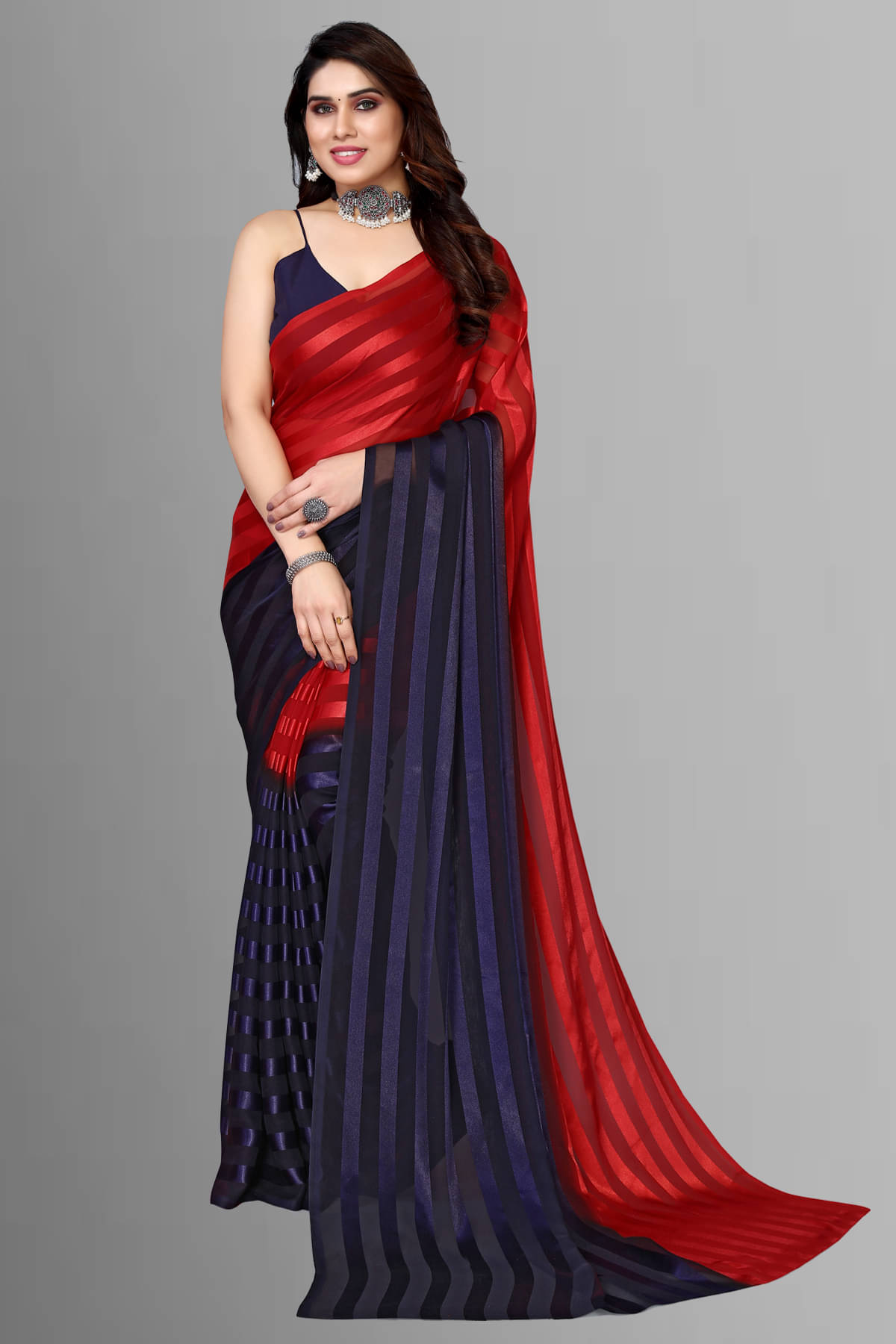 ANAND SAREES Satin Striped Saree With Unstitched Blouse Piece ( Red ) ANAND SAREES Satin Striped Saree With Unstitched Blouse Piece ( Red )