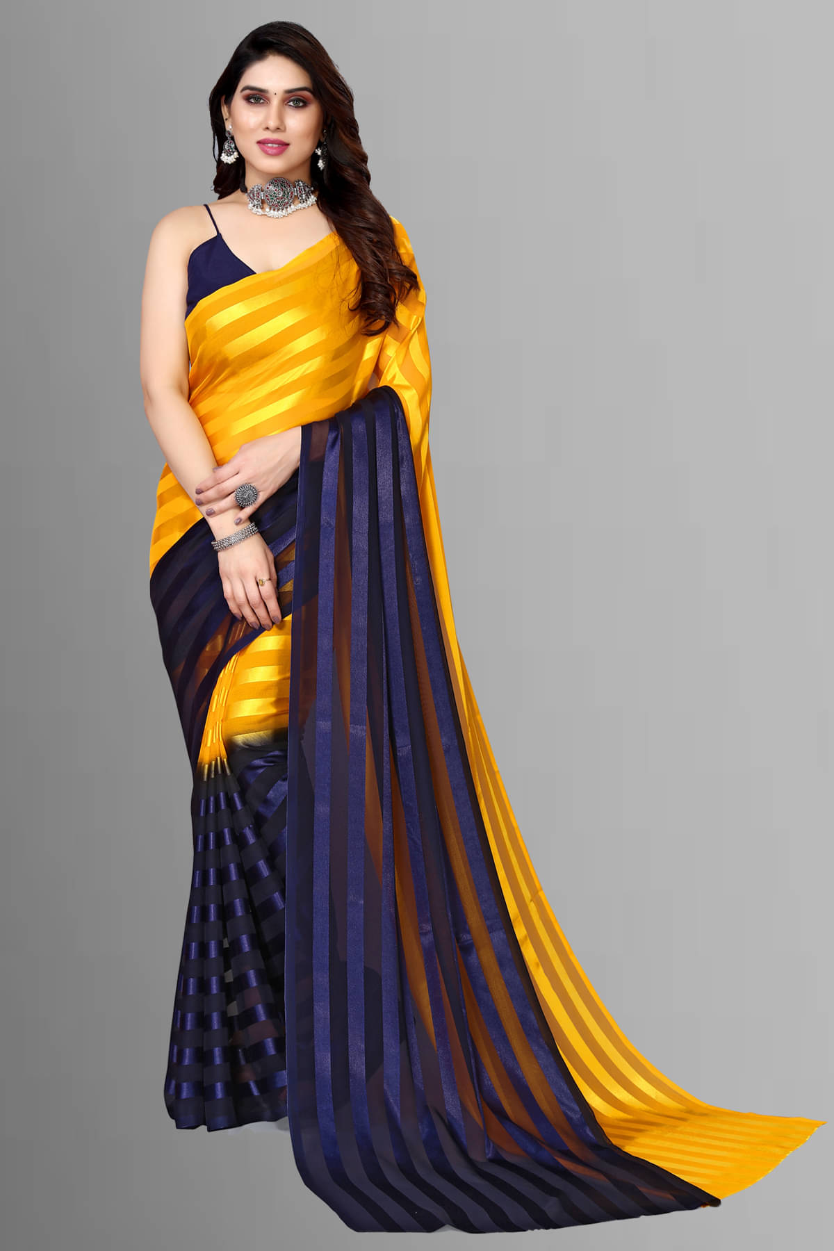 ANAND SAREES Satin Striped Saree With Unstitched Blouse Piece ( Yellow ) ANAND SAREES Satin Striped Saree With Unstitched Blouse Piece ( Yellow )