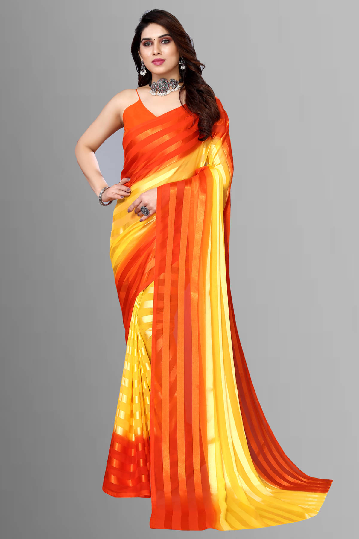 ANAND SAREES Satin Striped Saree With Unstitched Blouse Piece ( Orange ) ANAND SAREES Satin Striped Saree With Unstitched Blouse Piece ( Orange )