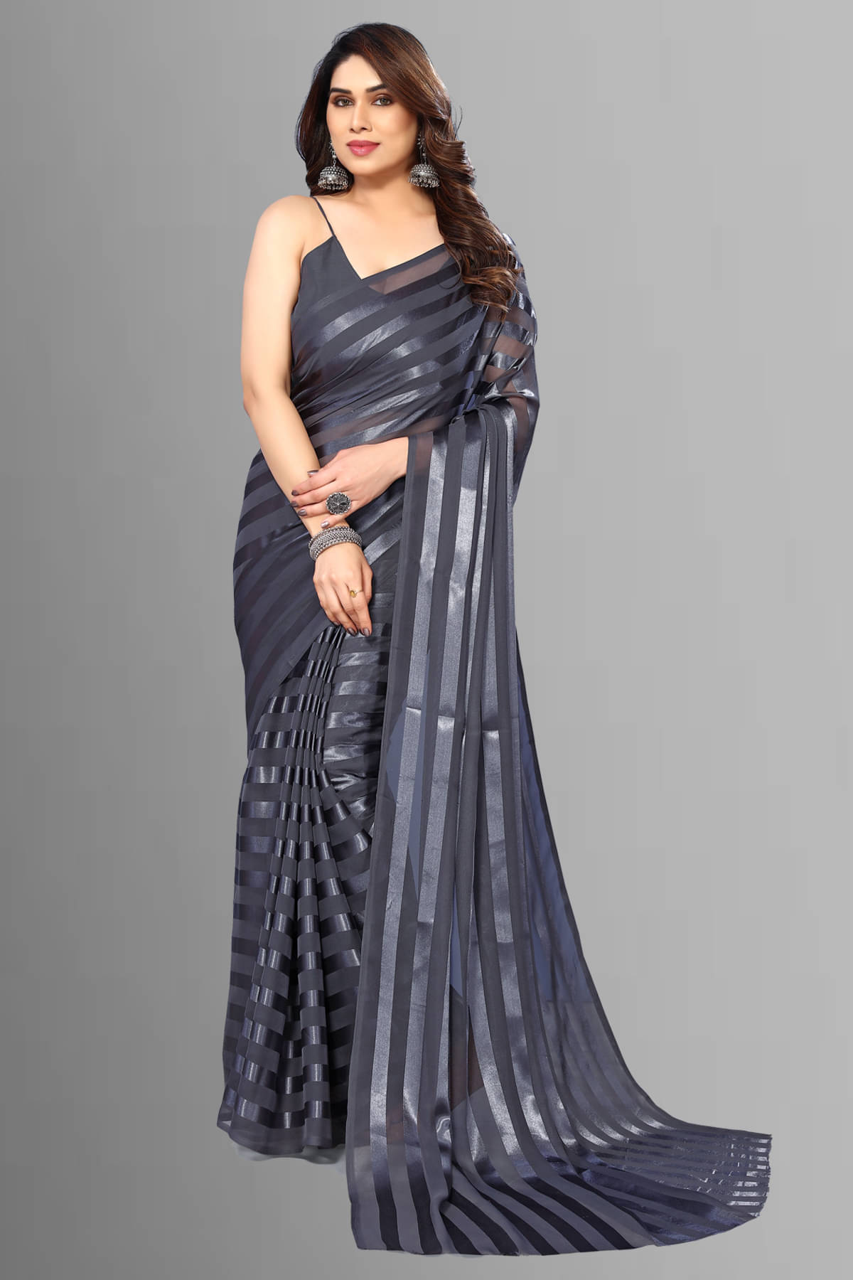 ANAND SAREES Satin Striped Saree With Unstitched Blouse Piece ( Grey ) ANAND SAREES Satin Striped Saree With Unstitched Blouse Piece ( Grey )
