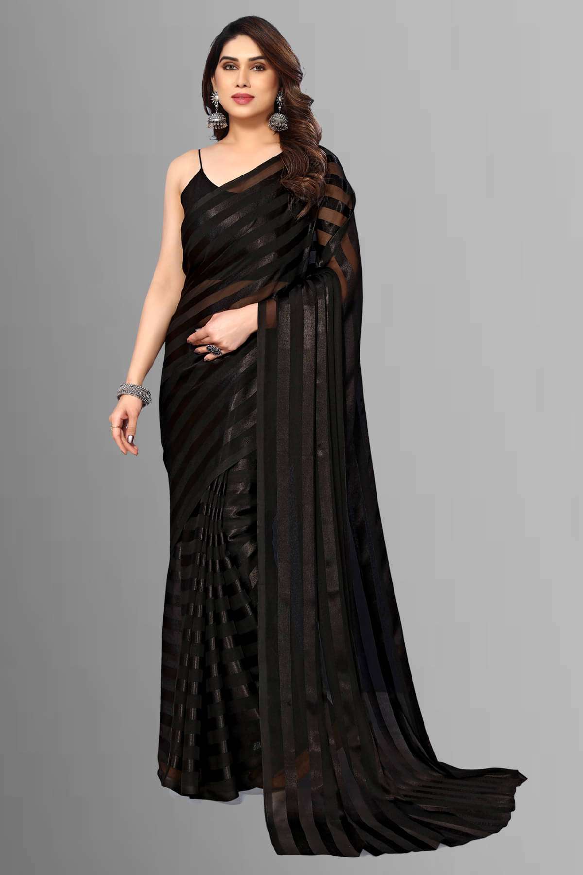 ANAND SAREES Satin Striped Saree With Unstitched Blouse Piece ( Black ) ANAND SAREES Satin Striped Saree With Unstitched Blouse Piece ( Black )