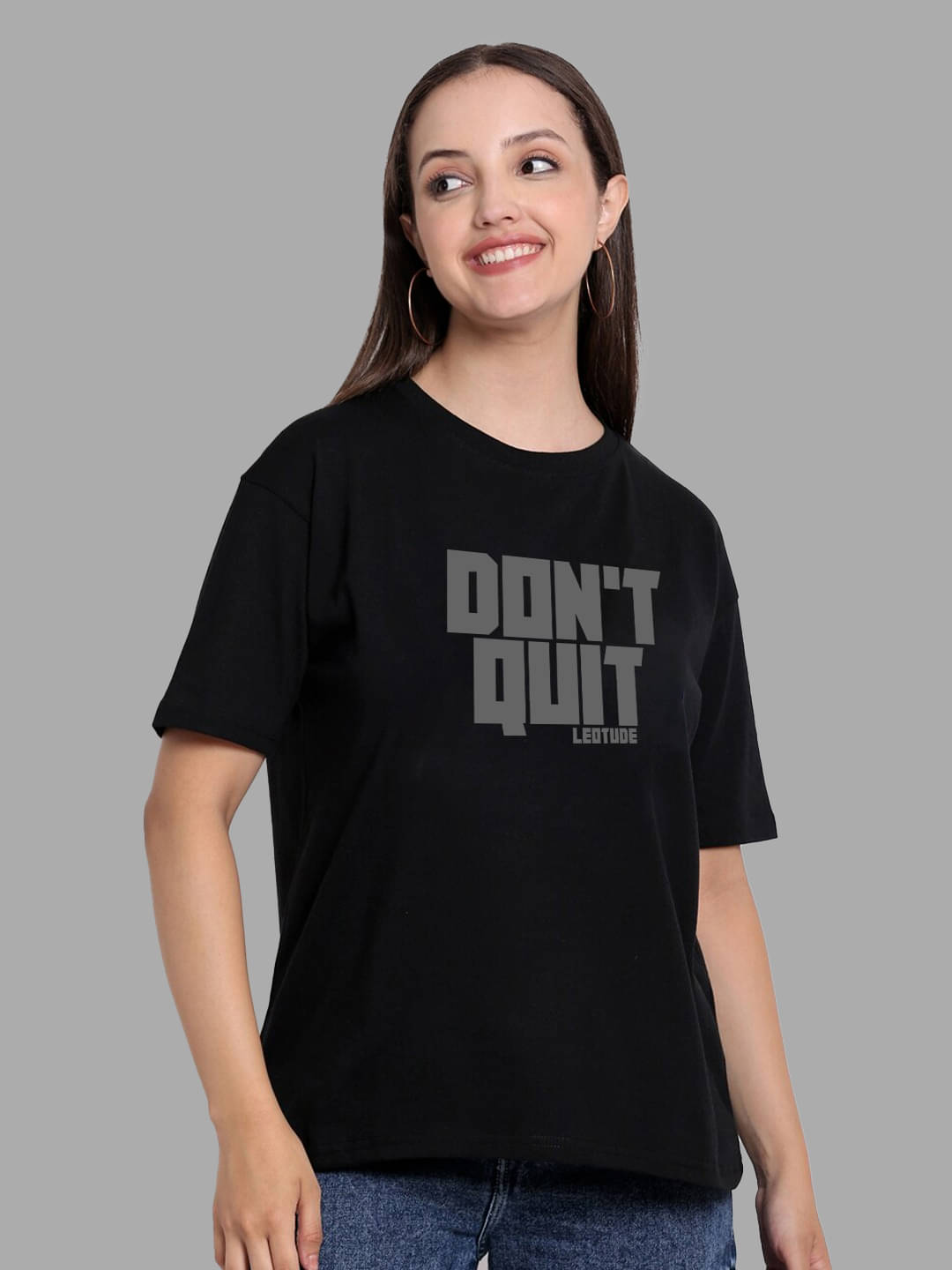 Leotude Women Polyester Printed Oversized Fit Round Neck T-Shirt ( Black )     			Leotude Women Polyester Printed Oversized Fit Round Neck T-Shirt ( Black )