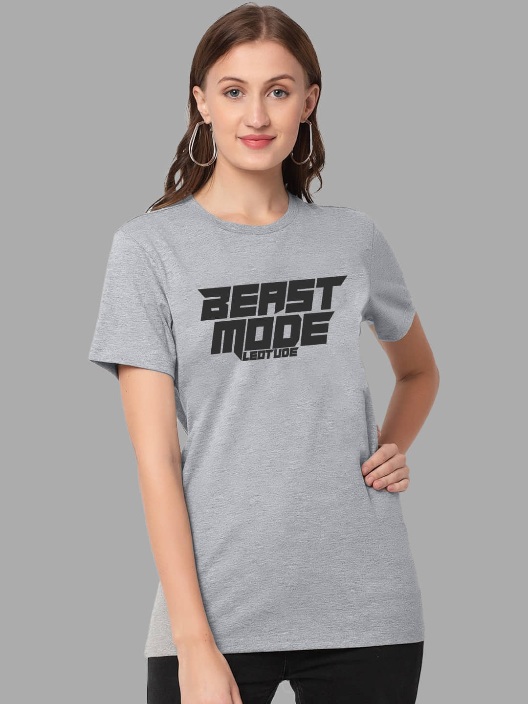 Leotude Women Polyester Printed Oversized Fit Round Neck T-Shirt ( Grey )