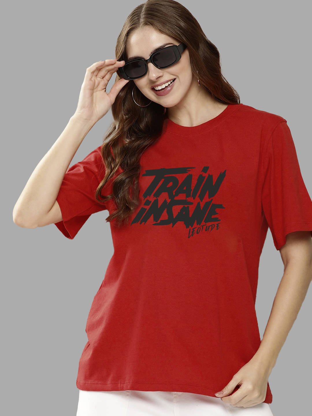     			Leotude Women Polyester Printed Oversized Fit Round Neck T-Shirt ( Red )