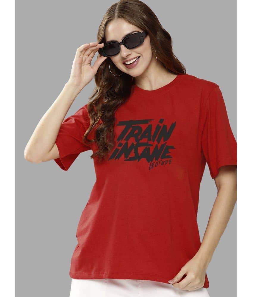 Leotude Women Polyester Printed Oversized Fit Round Neck T-Shirt ( Red )