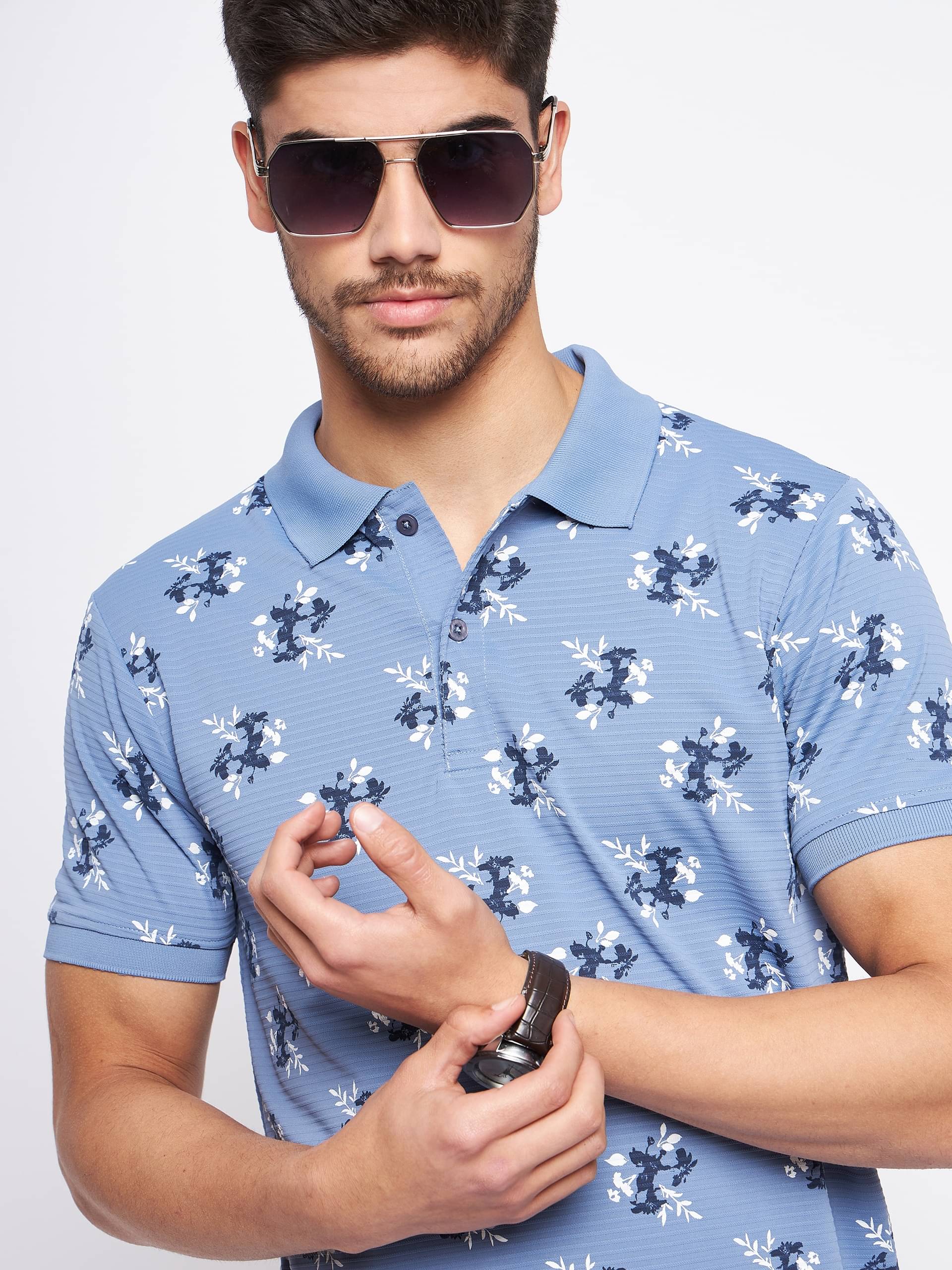 Nyker Pack of 1 Cotton Blend Regular Fit Printed Half Sleeves Men's Polo T Shirt ( Blue ) Nyker Pack of 1 Cotton Blend Regular Fit Printed Half Sleeves Men's Polo T Shirt ( Blue )