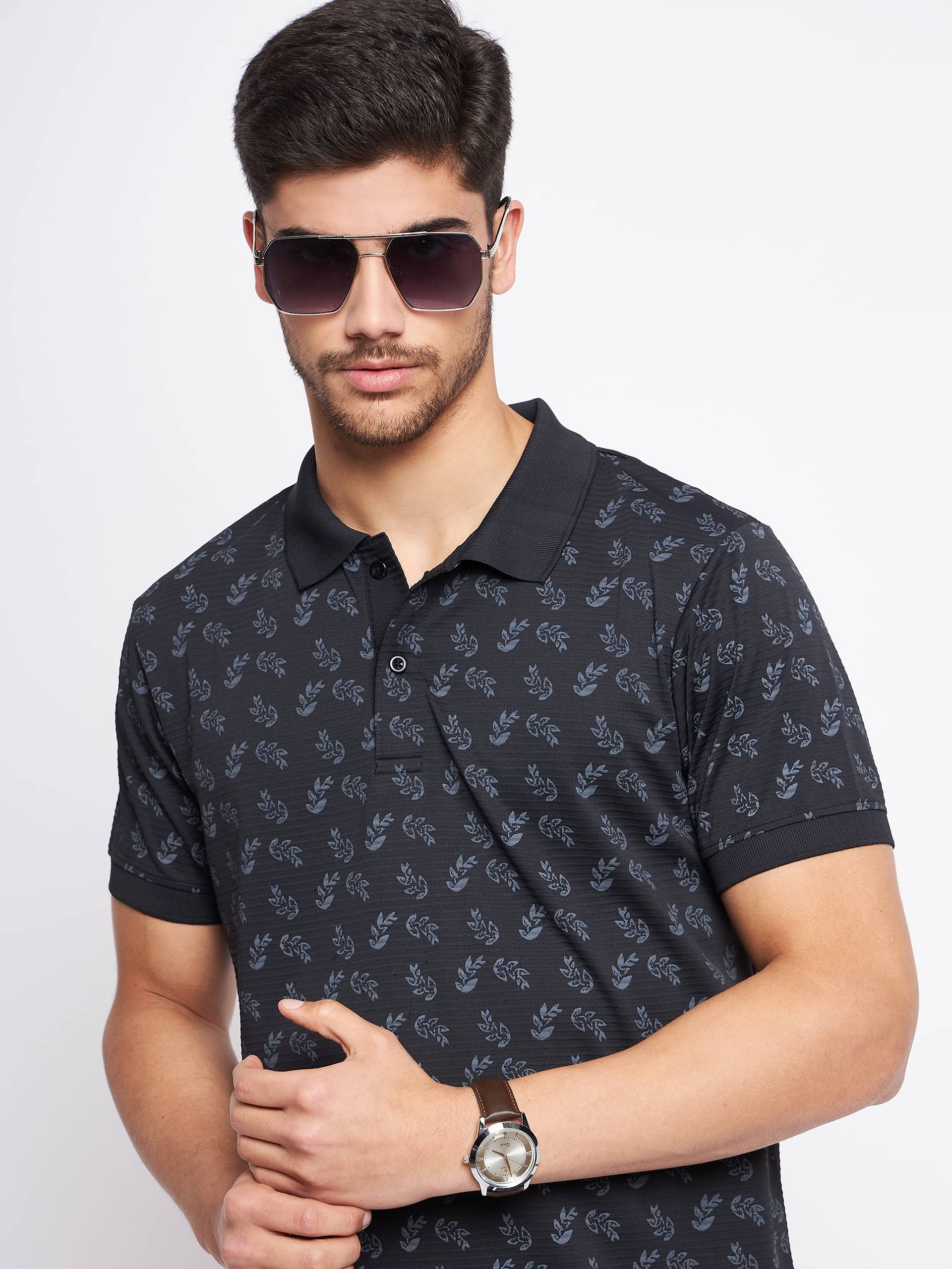 Nyker Pack of 1 Cotton Blend Regular Fit Printed Half Sleeves Men's Polo T Shirt ( Black ) Nyker Pack of 1 Cotton Blend Regular Fit Printed Half Sleeves Men's Polo T Shirt ( Black )