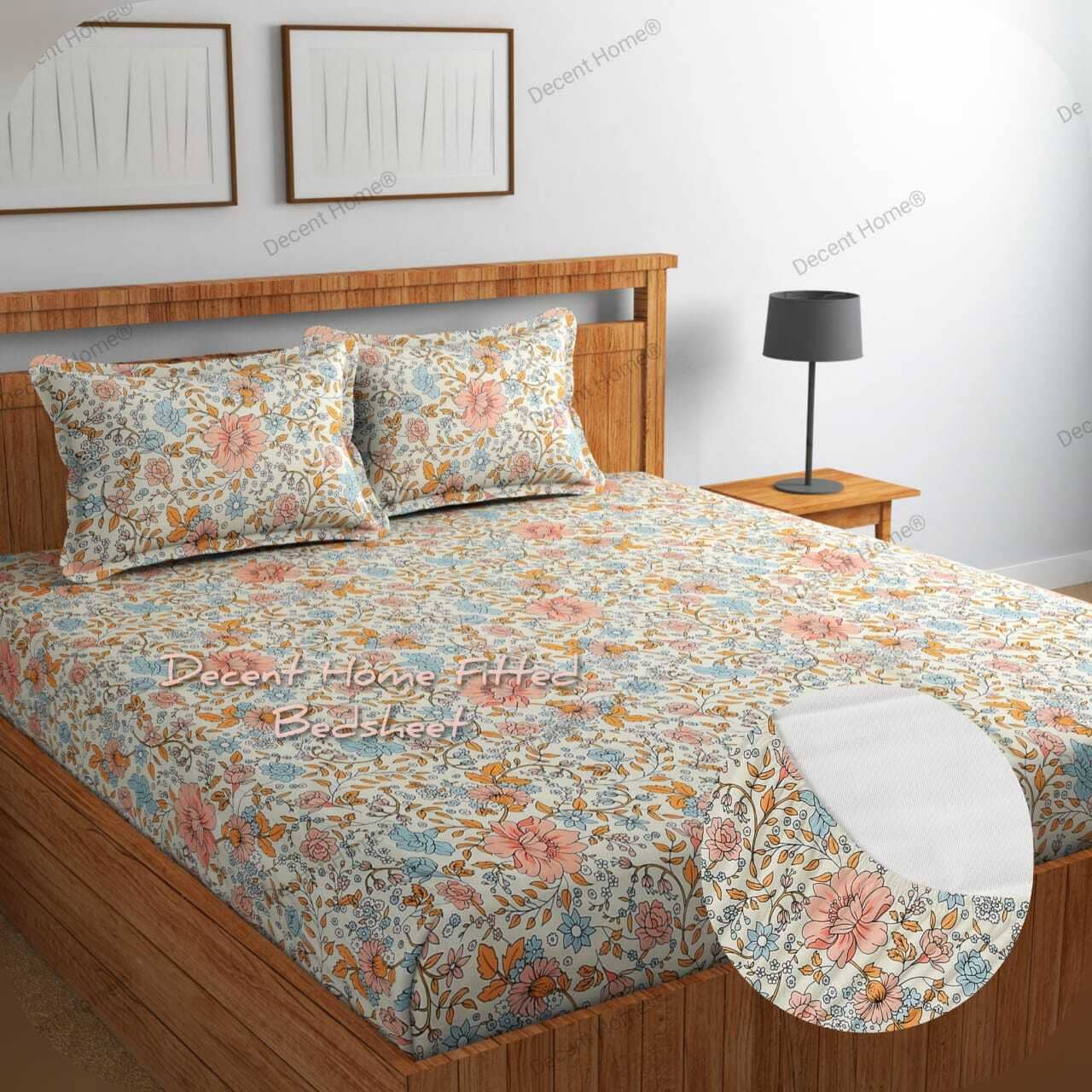 Decent Home Cotton Floral Fitted 1 Bedsheet with 2 Pillow Covers ( Double Bed ) - Multi