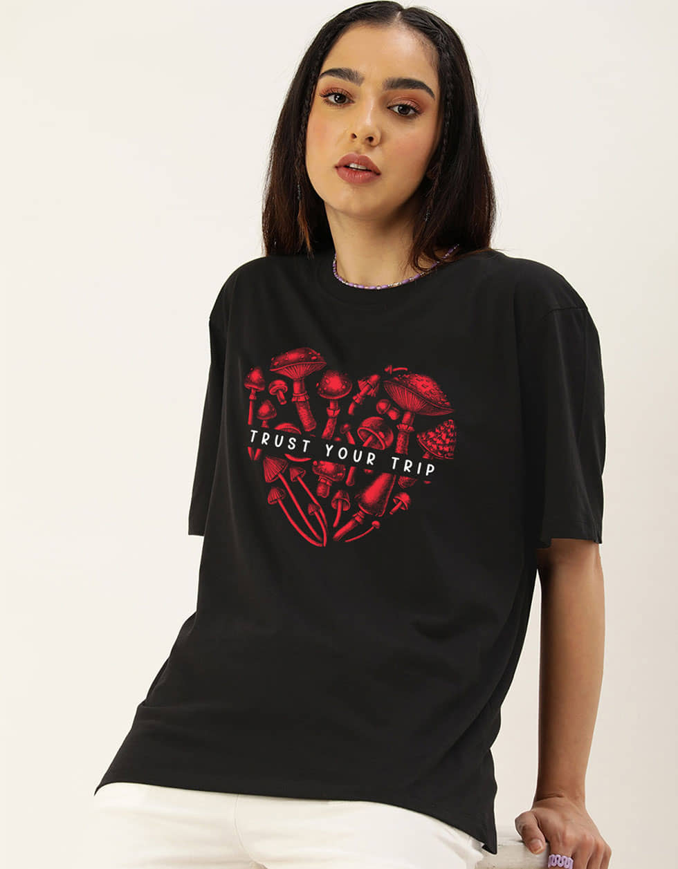 JUNEBERRY Women Cotton Printed Oversized Fit Round Neck T-Shirt ( Black )